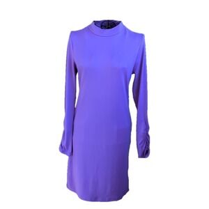 Purple Mock Neck Long Sleeve Dress Ruched Sleeve Mini Cocktail